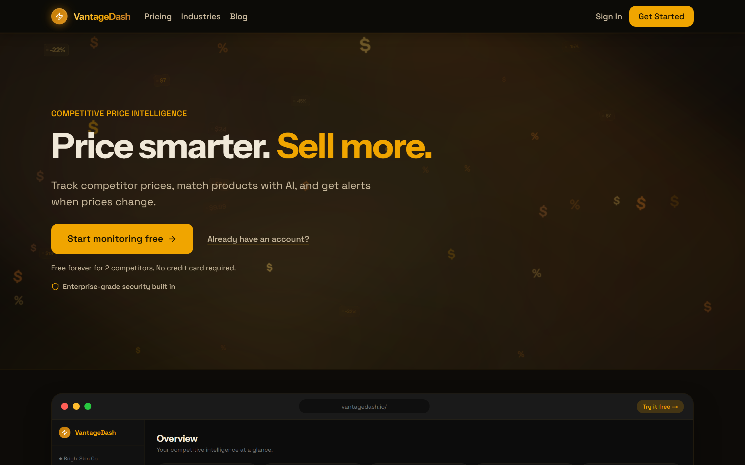 VantageDash homepage